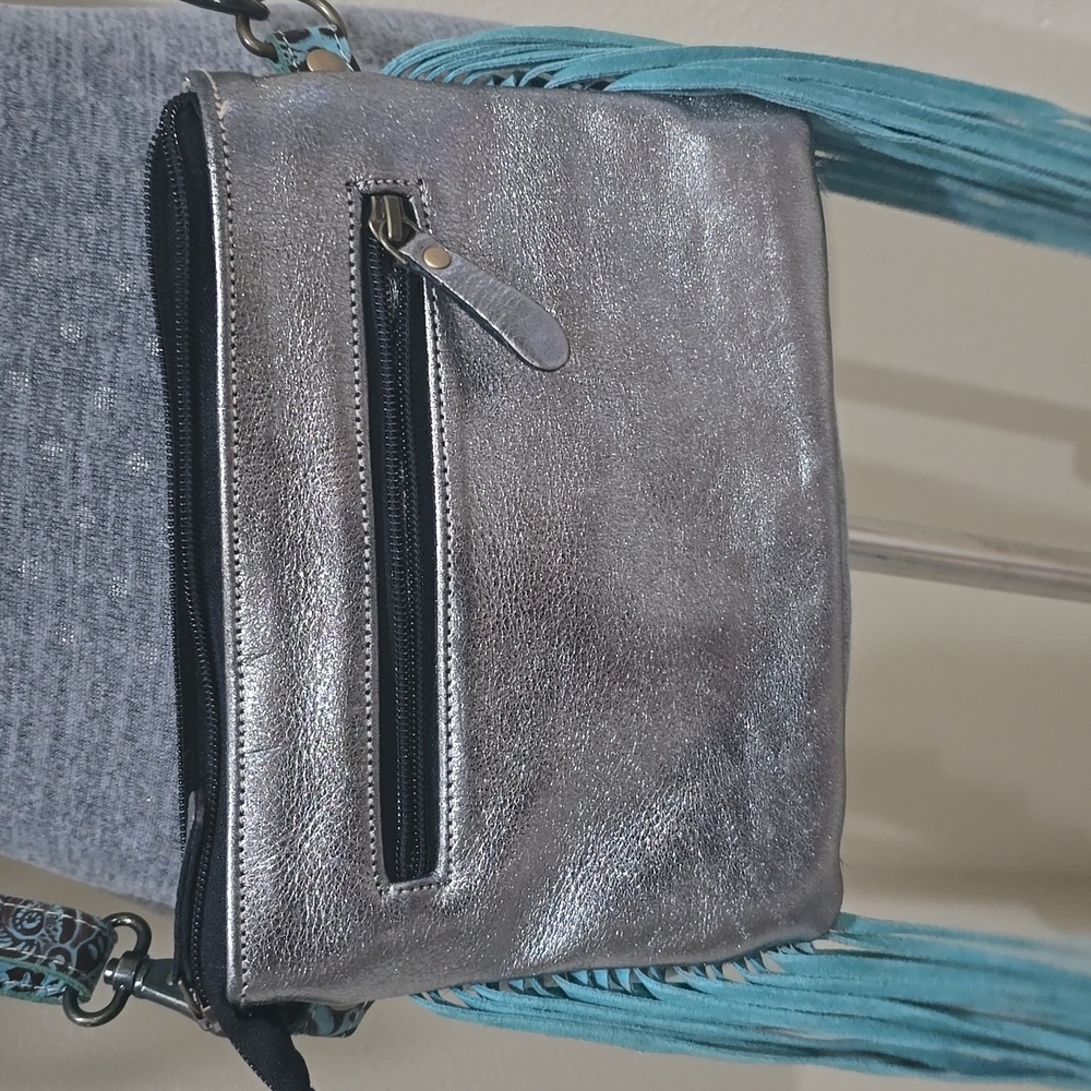 MYRA Cowhide Blue Leather Fringe Southwest Bag Crossbody Purse Concho Western - Picture 7 of 8